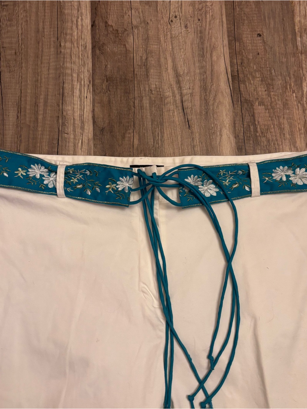 White Capri Pants with Teal Embroidered Waistband